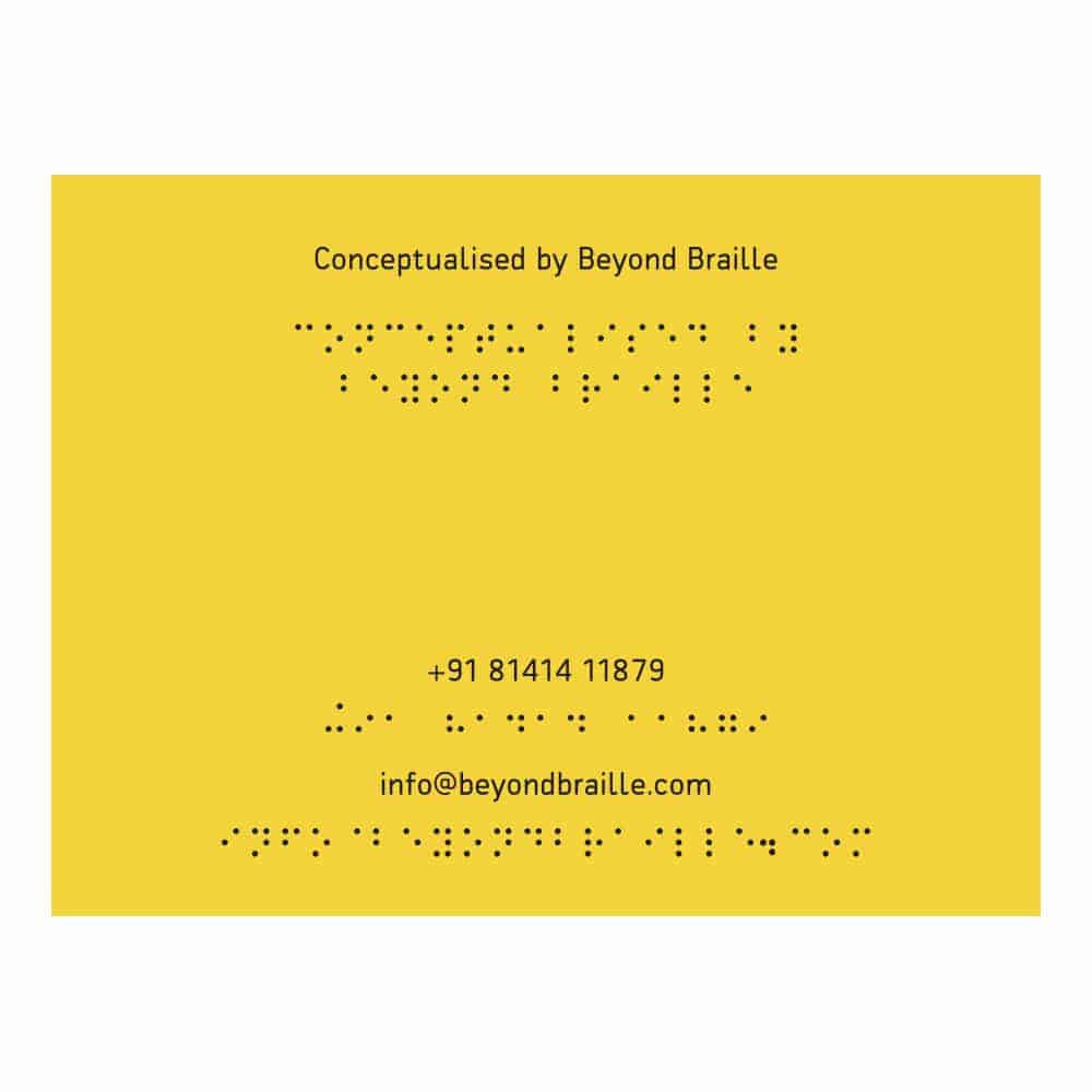 A brief introduction of beyond braille brand and their contact information in the Ranchhod Sees the World Braille Storybook