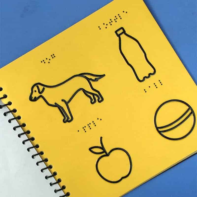 Outline images of dog, bottle, apple and ball for blind children in Braille Visual Dictionary Edition - 1 book by beyond braille