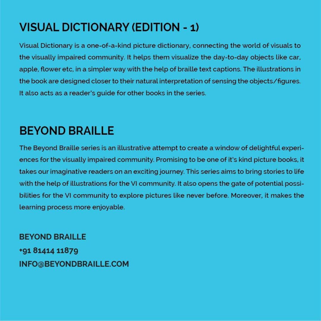 A brief introduction of Braille Visual Dictionary Edition - 1 book as well asbeyond braille brand and their contact information