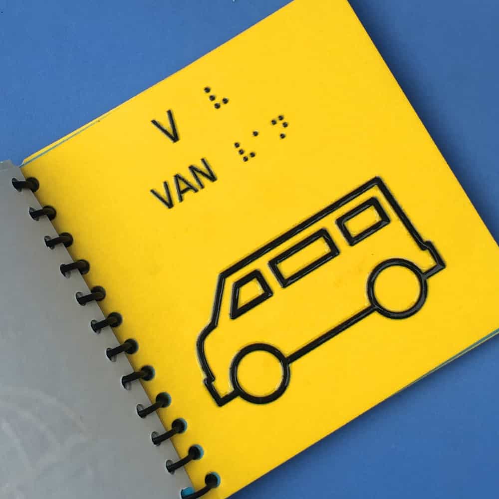 An image showing english alphabet V and spelling in words as well as braille and an outline image of van in Braille English Alphabet and Numbers book.