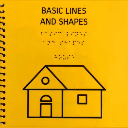 A front page of Basic Lines And Shapes Braille book showing an outline of a house