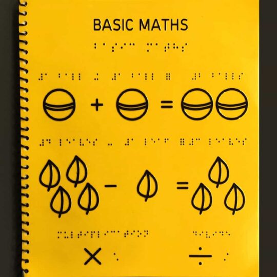 A page from Basic Maths Braille Book for Children showing different mathematical formulas and outlines of different figures in the formulas