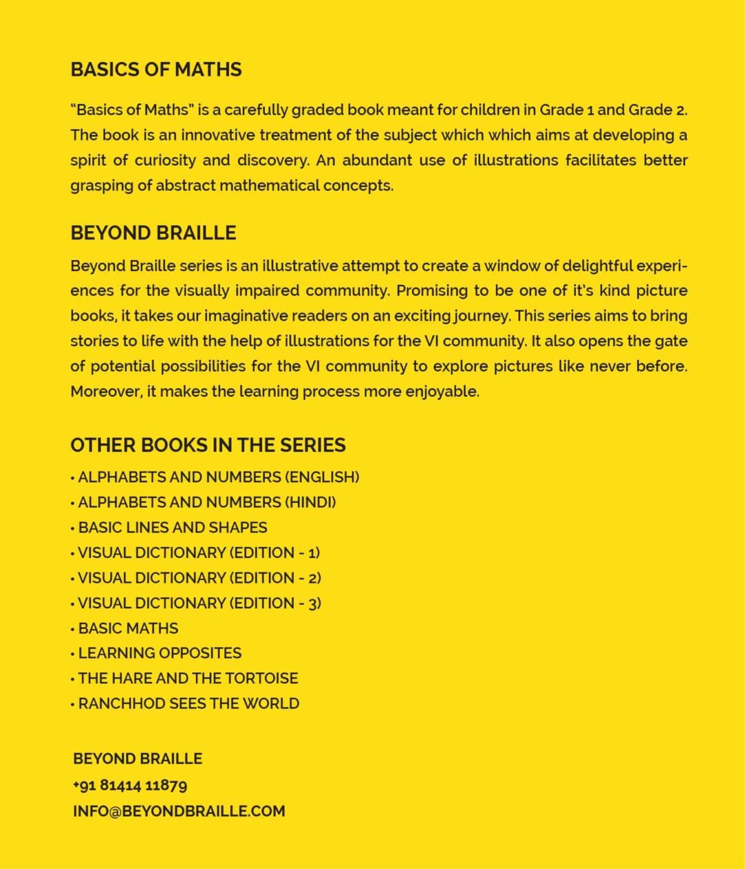 A brief information about basic maths book also a brief introduction about beyond braille brand and a list of other books from the brand