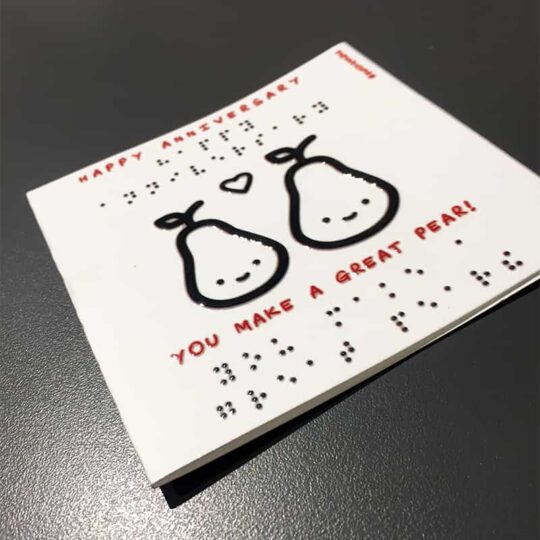 Happy Anniversary tactile pun braille greeting cards showing a pair of pear fruits written in english and braille language