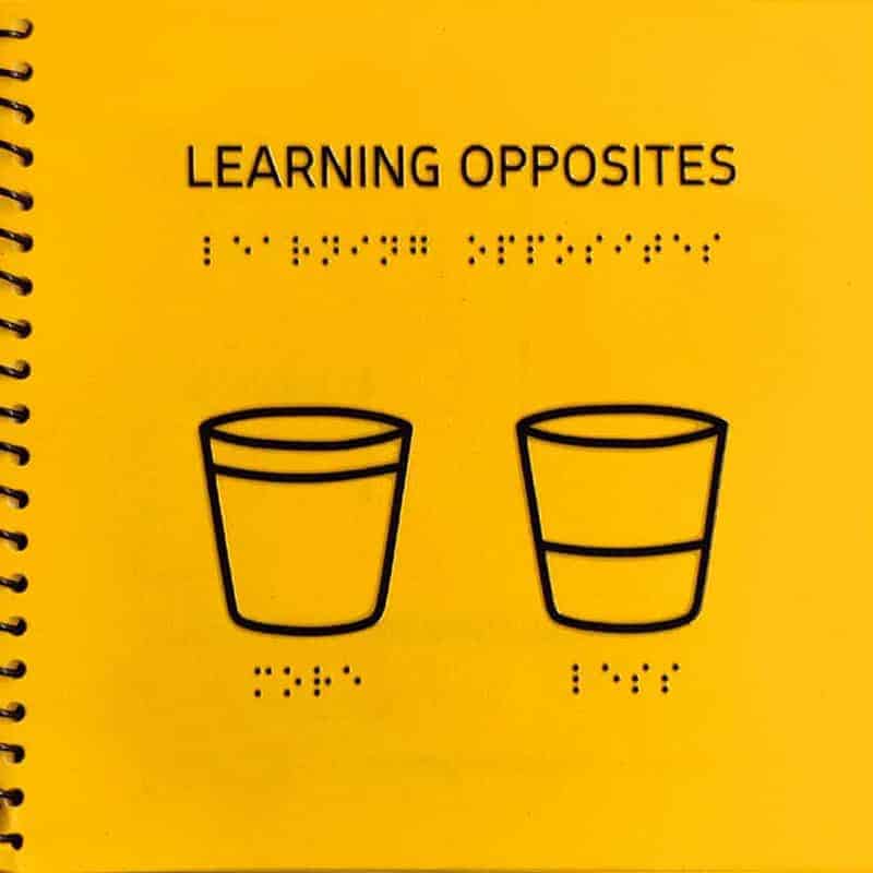 Braille Learning Opposites Front cover page with a photo of one full glass and a half one