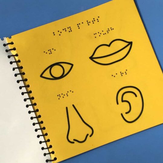 Braille Visual Dictionary by Beyond Braille showing one of the pages of the book in yellow color page containing four outlines of different objects